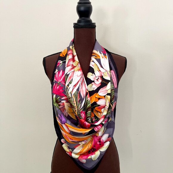 Salvatore Ferragamo Scarf Butterfly Flowers Black Multicolor Silk Wrap - Picture 11 of 16